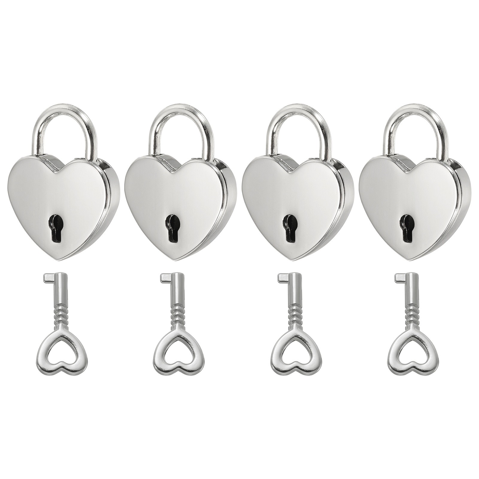 Mini Heart Lock with Key, (1×1.2 Inch, Silver) (4 Pcs), Heart Shaped Padlock