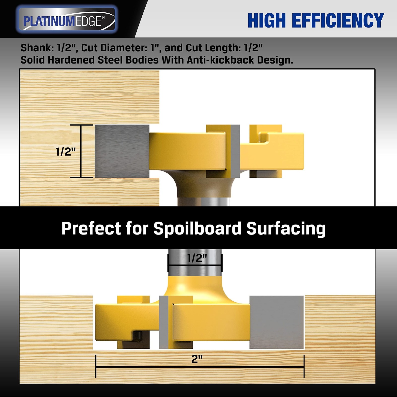 PLATINUMEDGE Spoilboard Surfacing Router Bit, 1/2-Inch Shank 2-Inch Cutting D…
