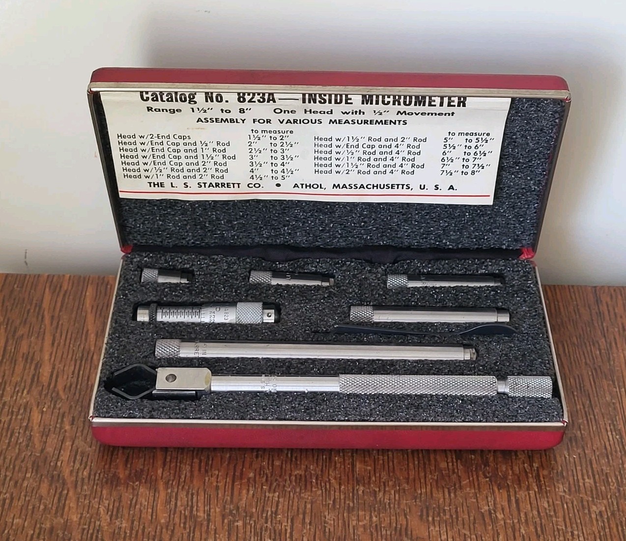 Starrett No. 823A Inside Micrometer Set w/(5) Tubular Rods (1 1/2 – 8″) & Case