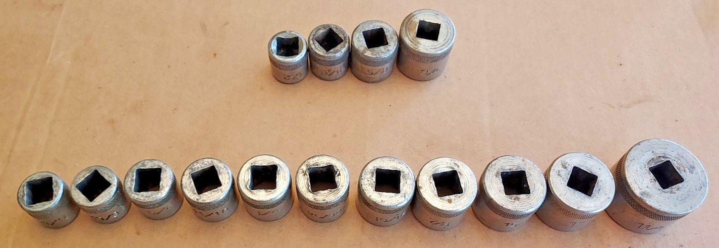 Antique 15-pc 1/2″ drive socket set; knurled base, surface drive. Made in USA