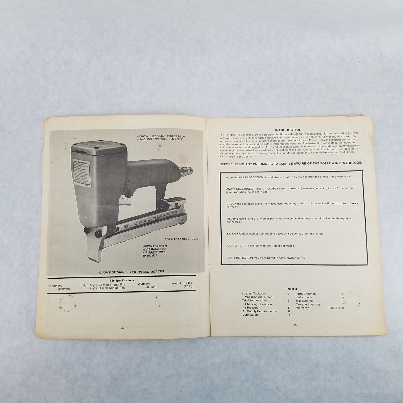 Vintage Bostitch Textron Model T28 Pneumatic Tacker O&M Manual – #BSA 1411 4/84