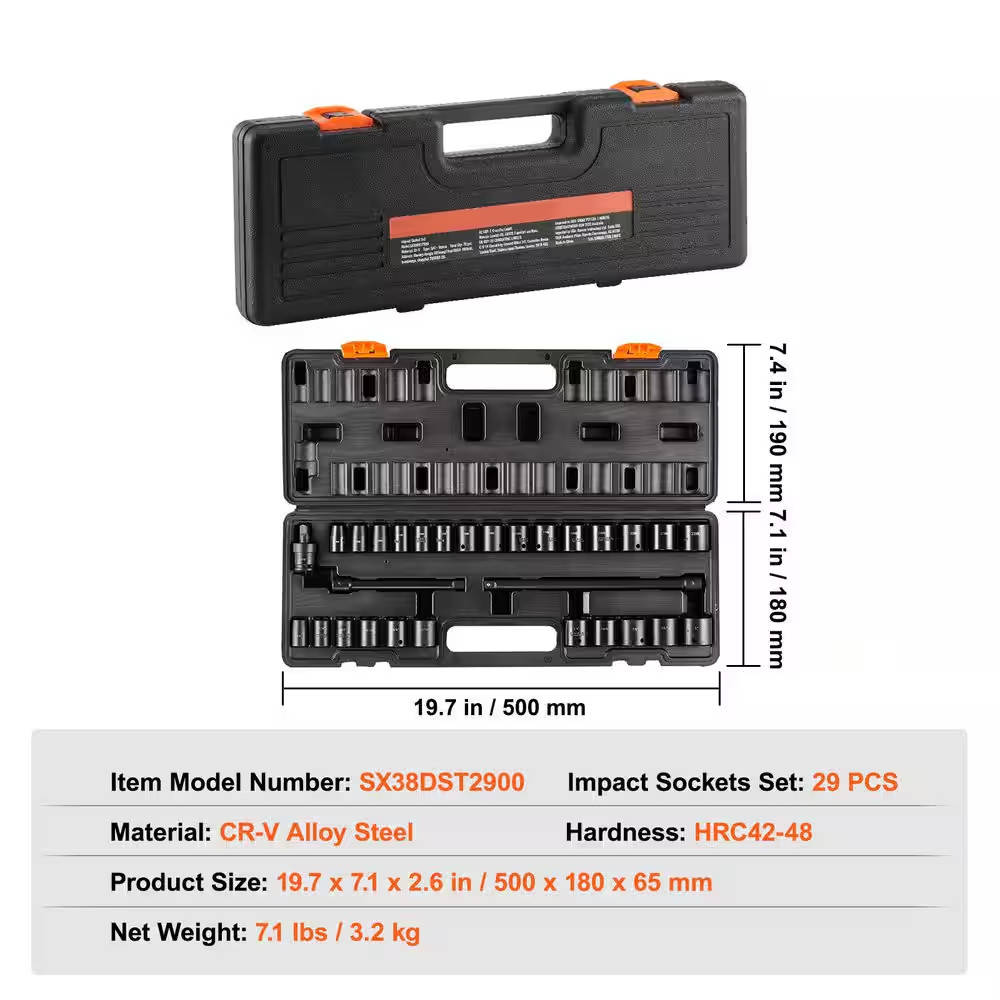 3/8 In. Impact Sockets Set 6 Point Drive Bit Ratchet Tool Kit Case (29-Piece)