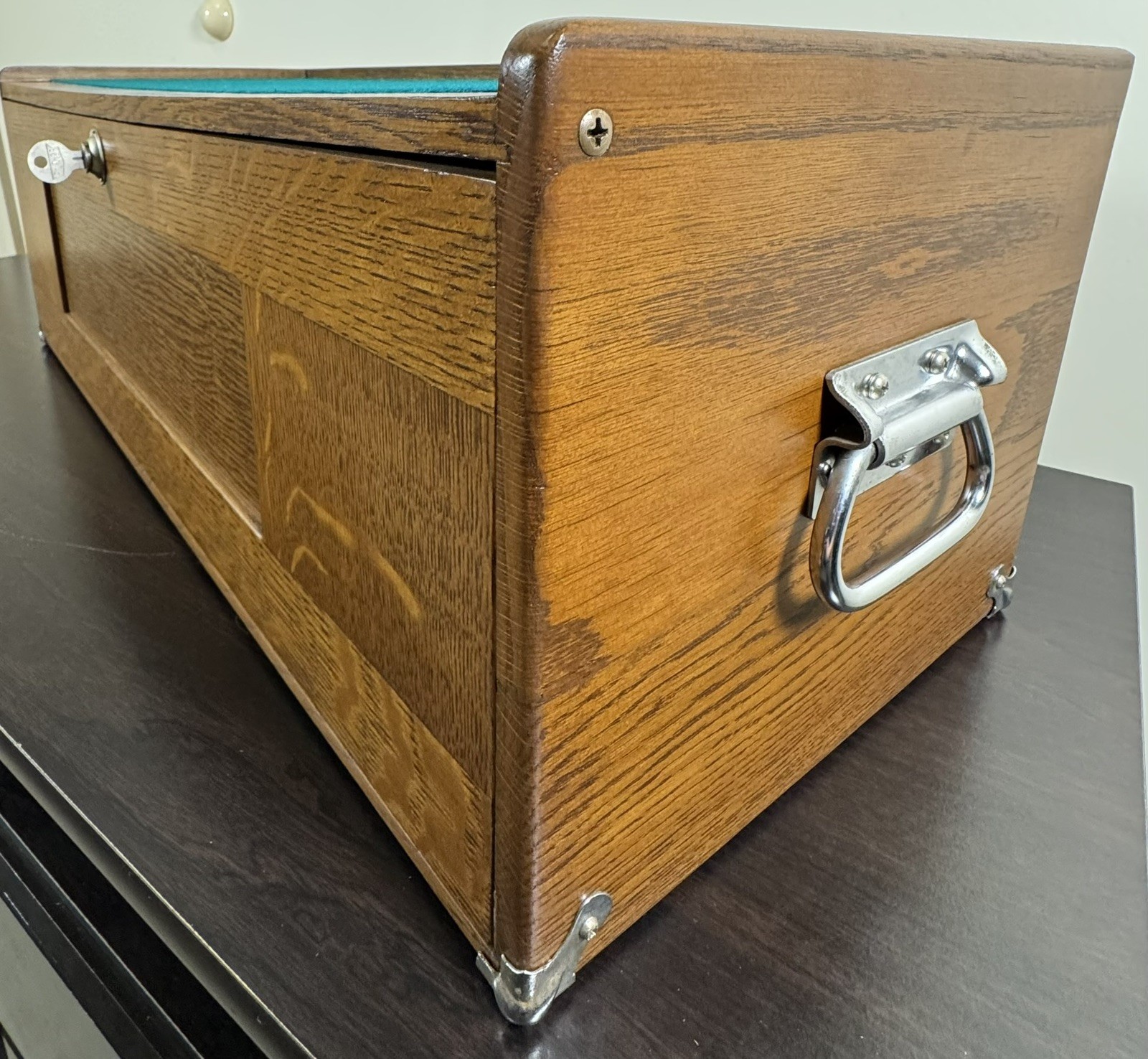 Vintage H. Gerstner Sons Oak Riser Base Machinist Chest Storage Tool Box w/ Key