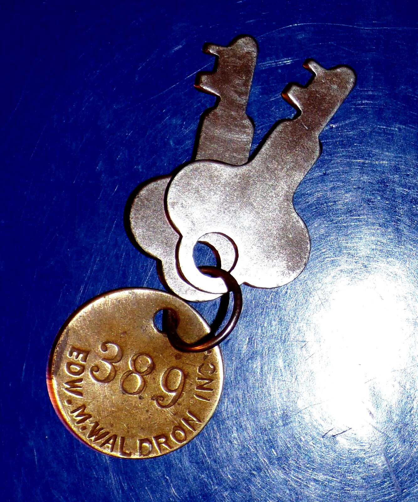 Pair Vintage Flat Square-Cut Keys & “EDW. M. WALDRON INC.” #389 Brass Tag