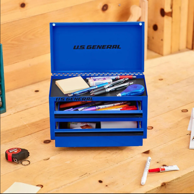U.S. General Mini Tool Box 2-Drawer Blue Drawer Liner Metal Storage Organizer