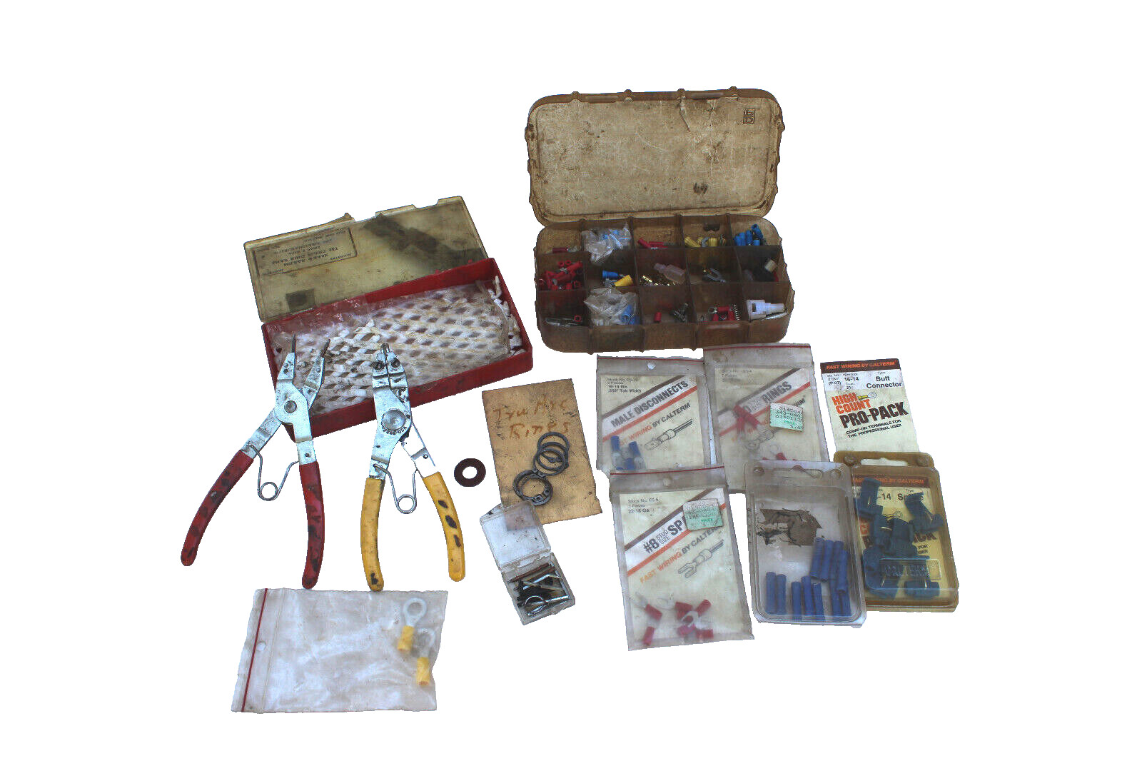 HUGE LOT VINTAGE ELECTRICAL ITEMS K-D 445 & 446 SNAP RING PLIERS CONNECTORS BUTT