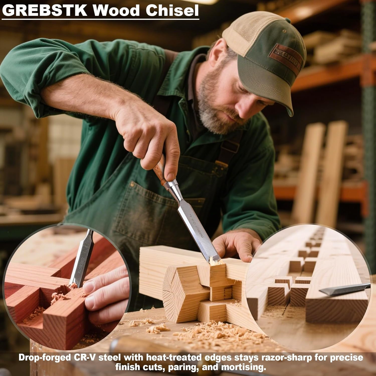 4 Pcs Wood Chisel Set, CRV Steel Bevel Sharp Edge Bench Chisels with Safety Caps