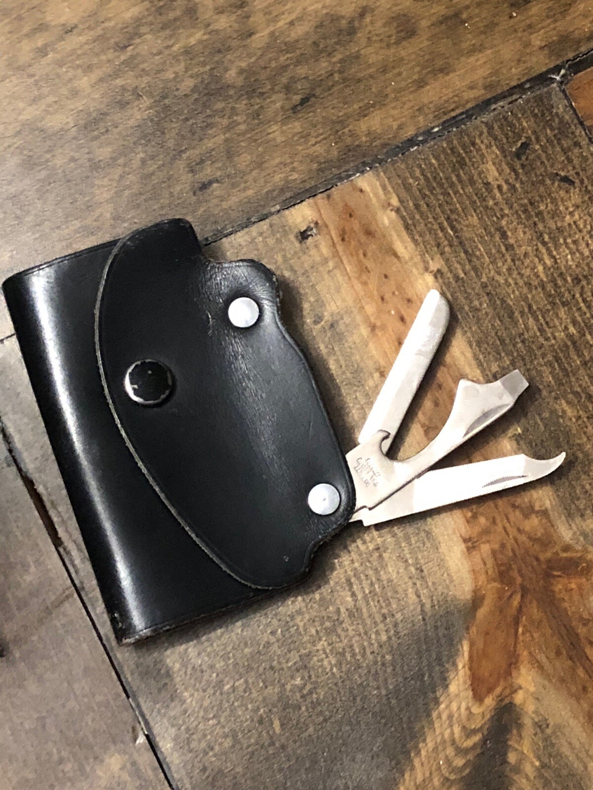 Vintage Bassett Multi-Tool Nail File Opener Pocket Knife Cowhide Key Wallet