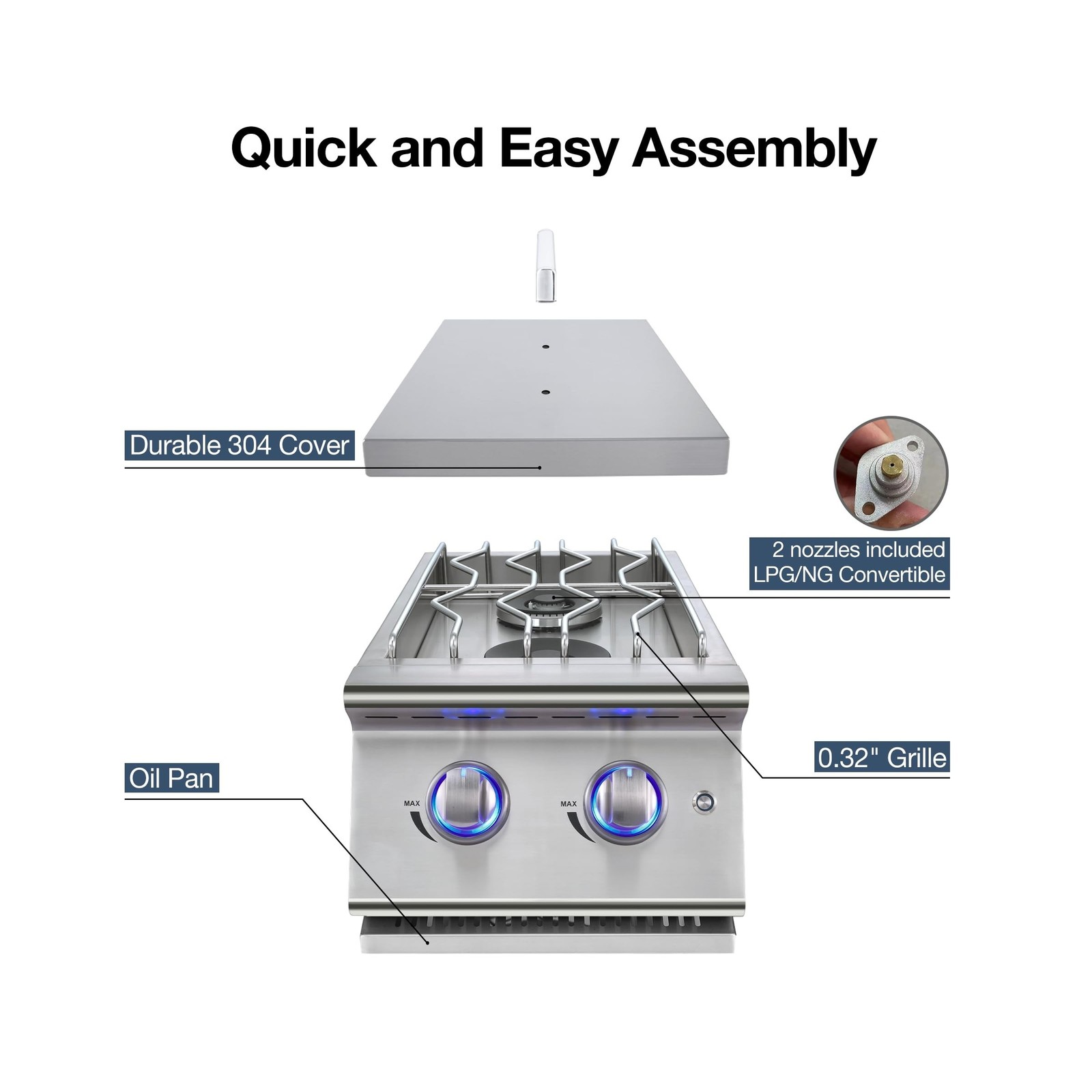 Double Grilling Side Burners for Outdoor Kitchen, 2 * 15,000BTU Natural Gas B…