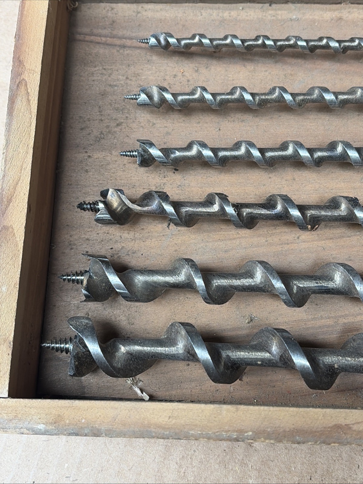 6 Pcs Vintage Irwin Auger Bit Set In Wooden Storage Box # 12, 10, 8, 6, 5, 4