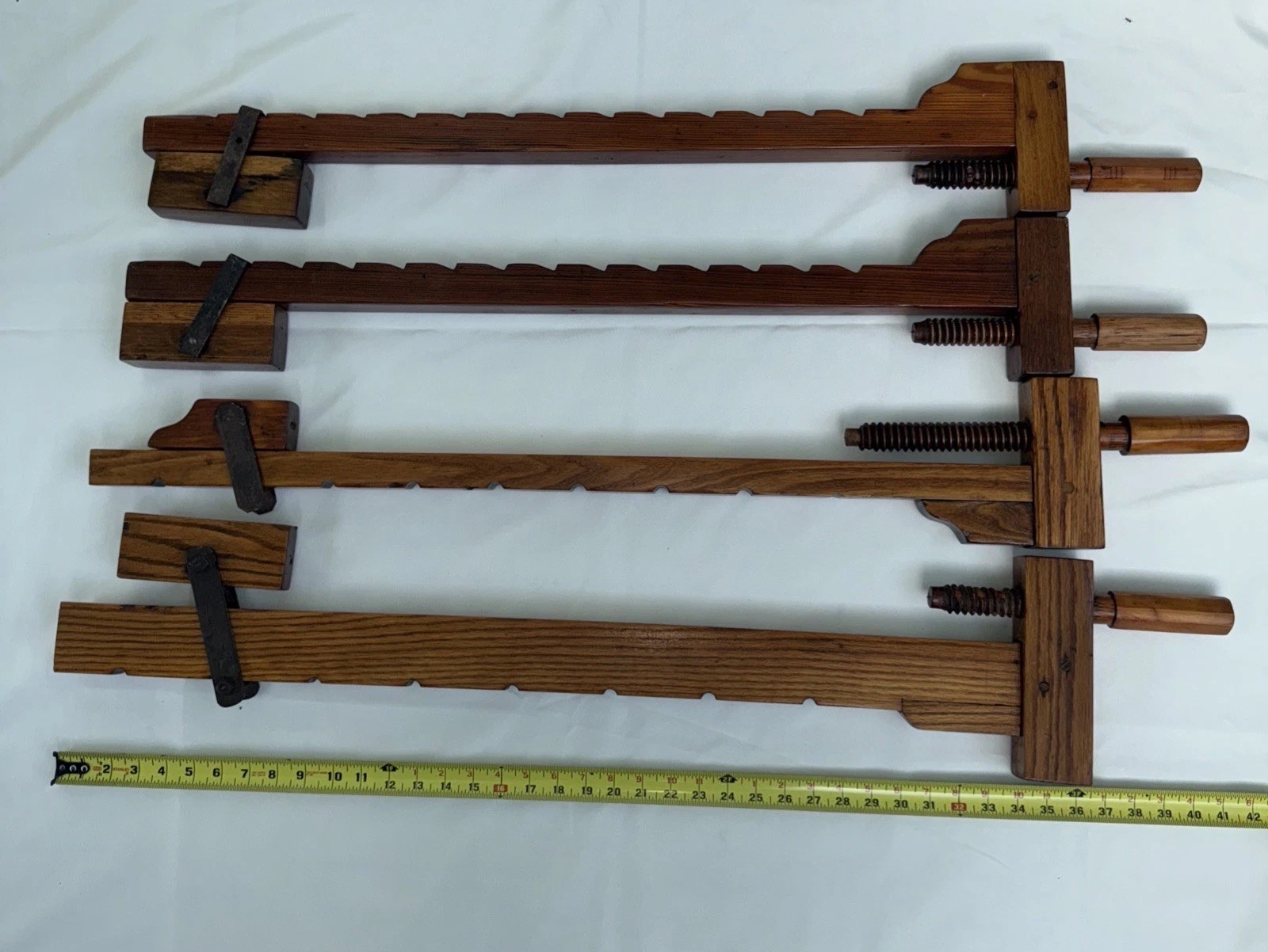 4 Vtg 36” Wooden Bar Clamps Hand Made Complete Primitive Tools Wood Oak Pine