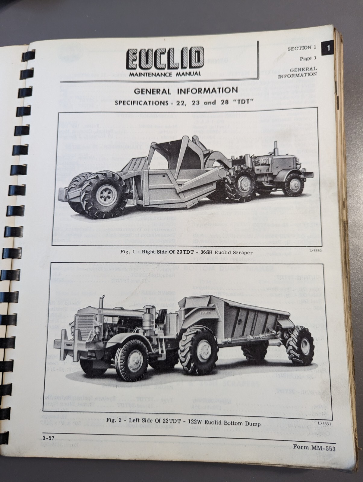 1950’s Euclid Maintenance Manual Models (TDT)1-28 Used W/Euclid 15.5yd Scraper