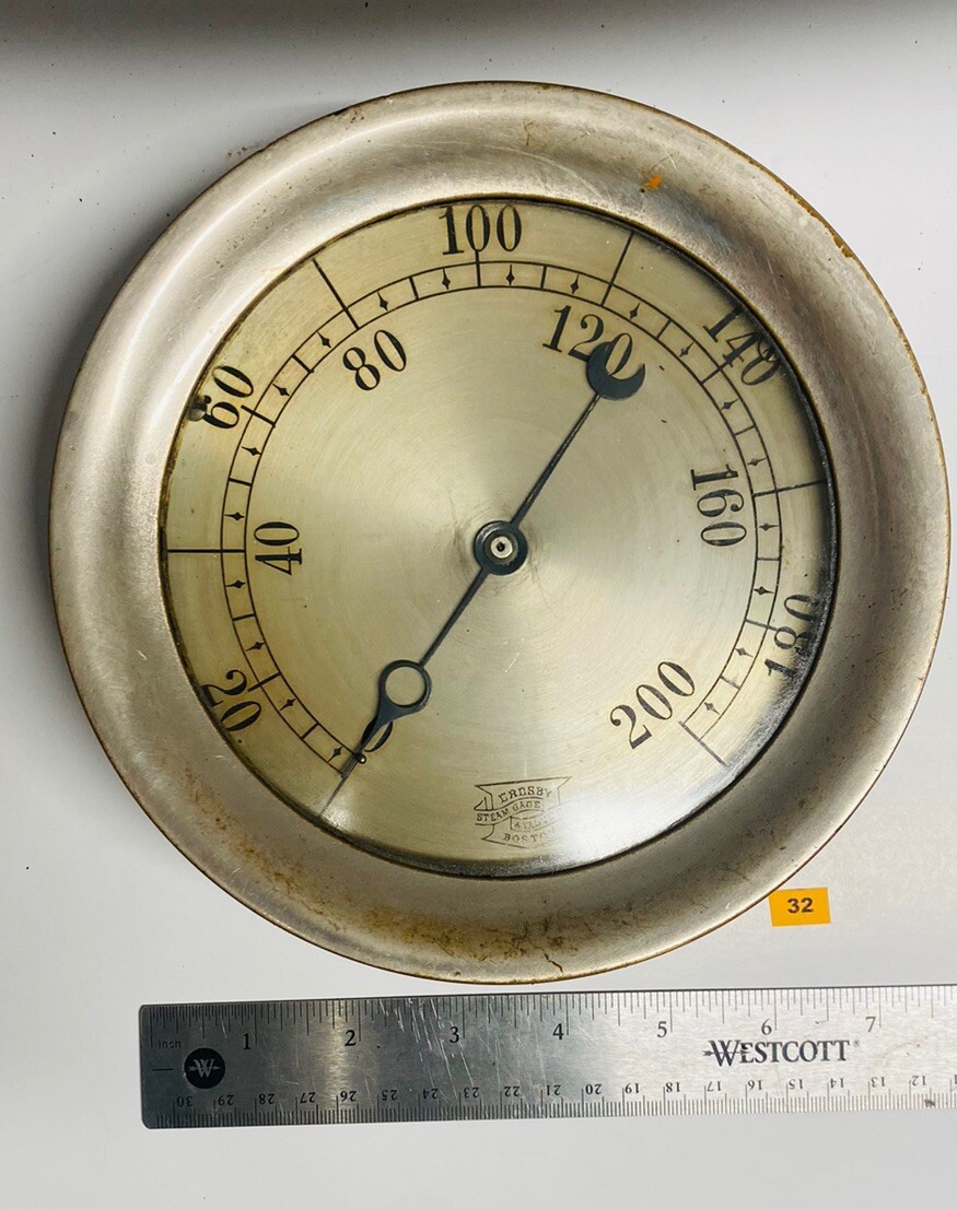 Large Antique Crosby Steam Gauge & Valve Co. 200 PSI Pressure Gage Engine 7″ D