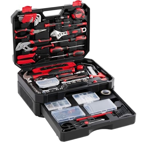 330-Piece Complete Tool Box Set, Durable Homeowners Tool Kit 15.7 Black Red