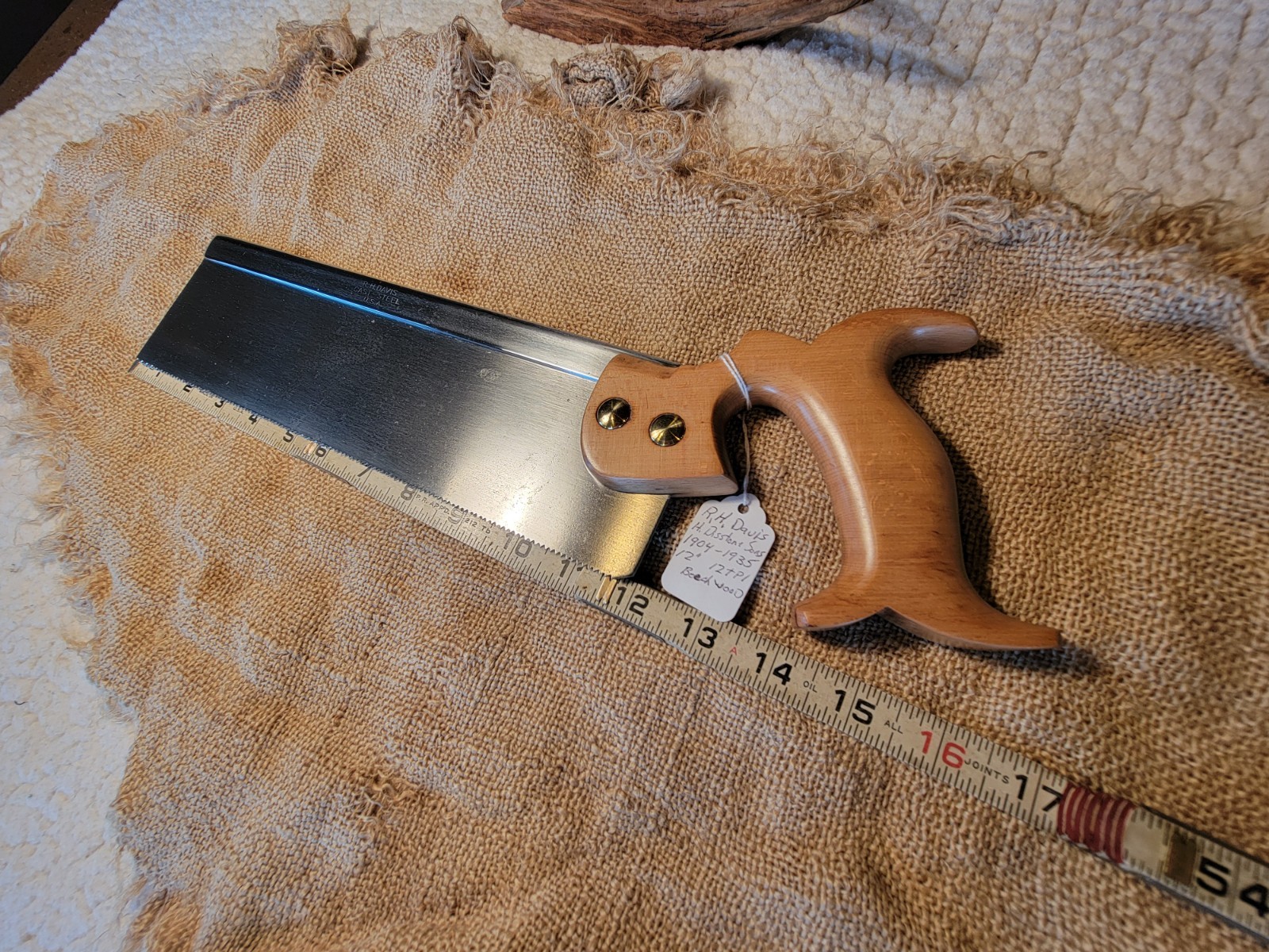 ANTIQUE BACK SAW R.H.DAVIS 12” By HENRY DISSTON 12 TPI Sharp. 1904-35 EXC.