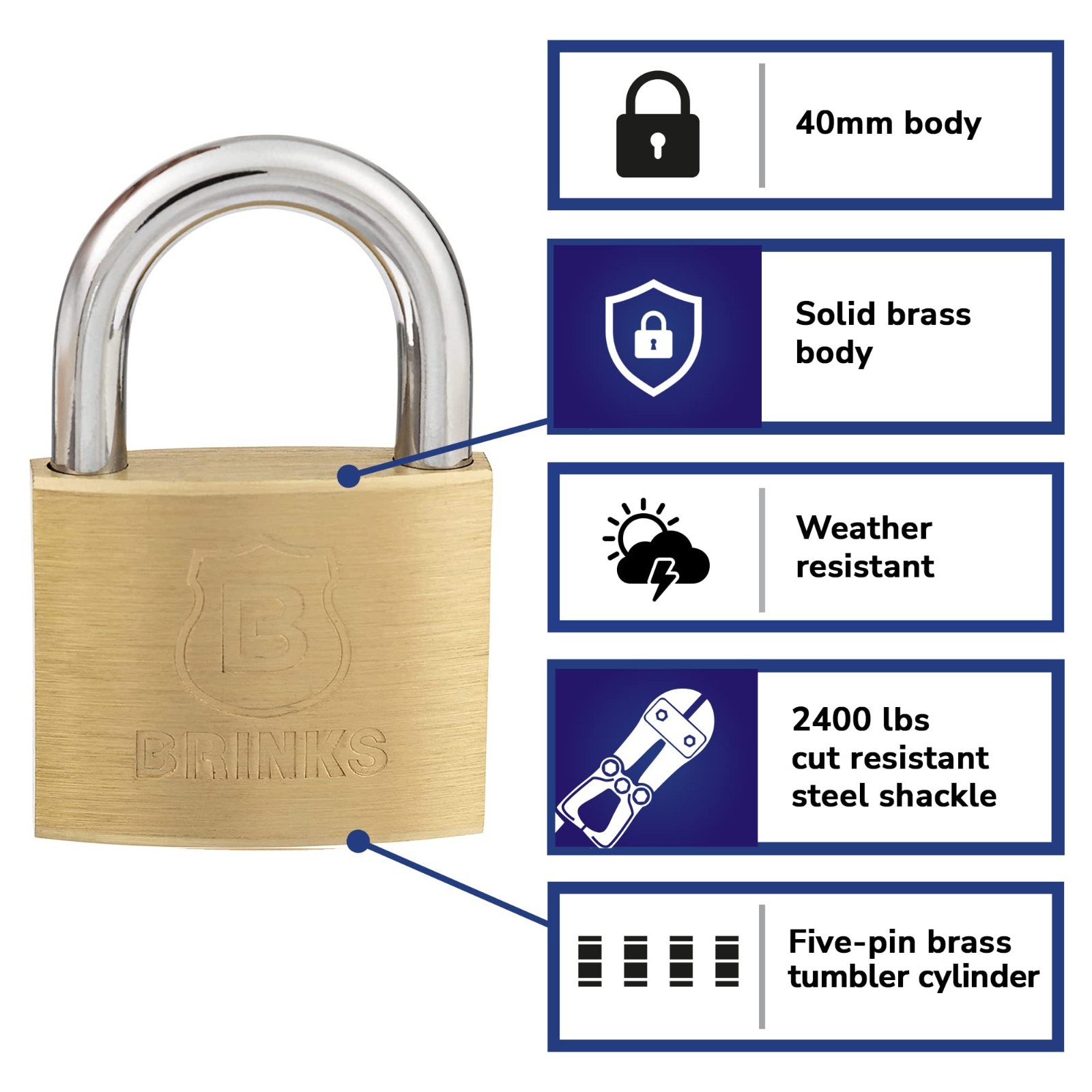 40mm Solid Brass Keyed Padlock 4-Pack, Chrome Plated, Hardened Steel Shackle, 7/