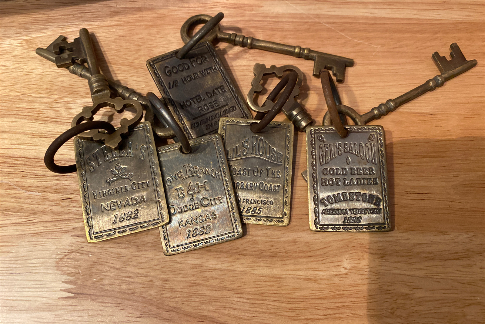 Hotel Motel Room Key Tag Skeleton Brothel Brass Patina Collector SET x5 Western