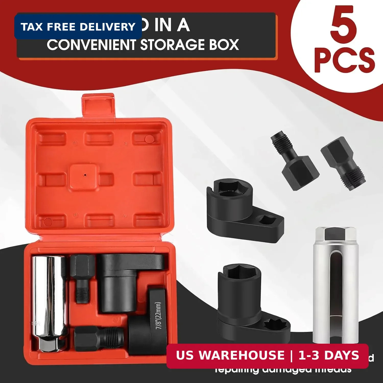 5PCS O2 Oxygen Sensor Socket Set, 1/2 & 3/8 in Drive, 7/8 in (22mm), Premium Rem