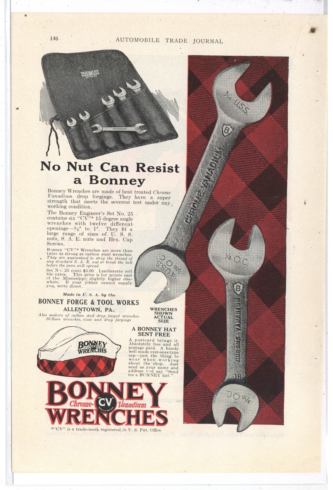 1924 Bonney Forge & Tool Works Ad: Engineer’s Set No. 25 CV Wrenches – Allentown