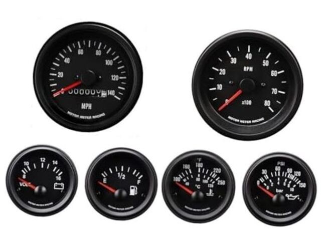 VD Vintage 6 Gauge Set with Mechanical VD Mechanical Speedometer Black Dial