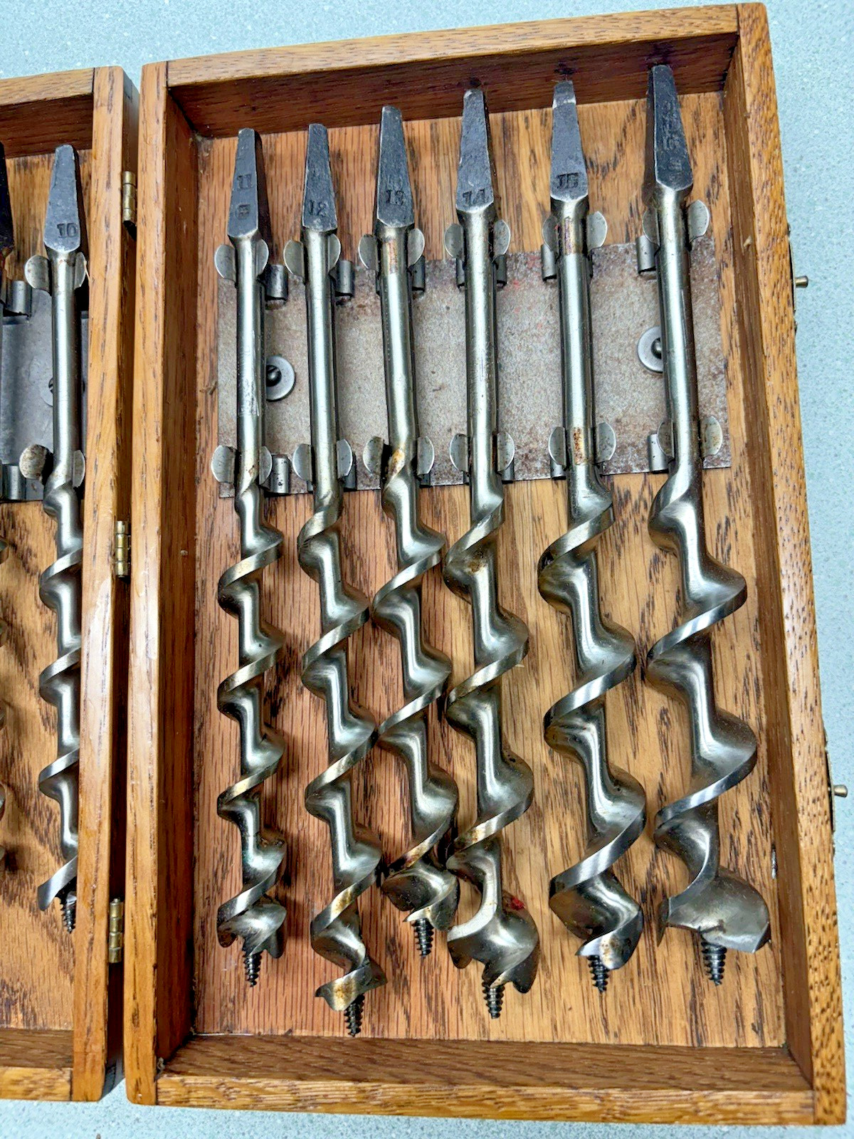 Vintage Irwin Complete 13 pc Boxed Set Auger Brace Bits Military Mint Wood Box