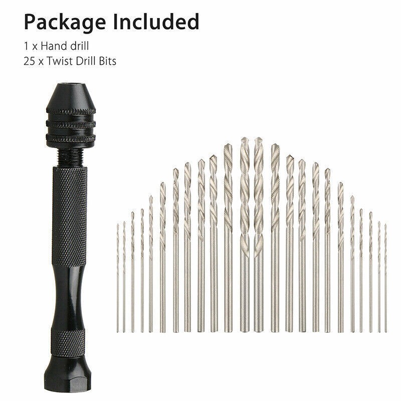 26 IN 1 Manual Keyless Chuck Pin Vise Rotary Tool Micro Hand Drill Bits 0.5-3mm