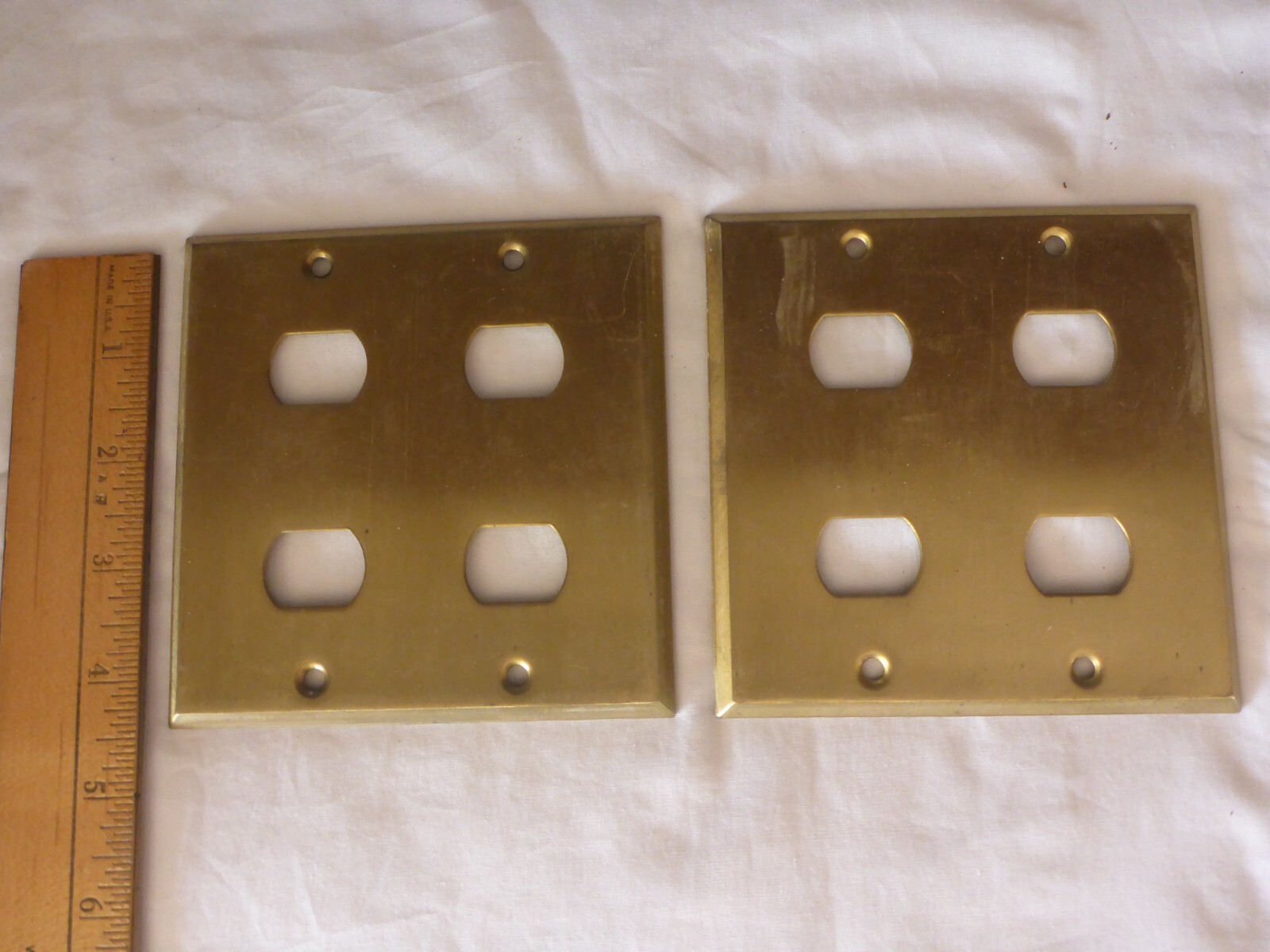 2 Vintage Solid Brass Double 4 Push Button Light Switch Cover Used Patina