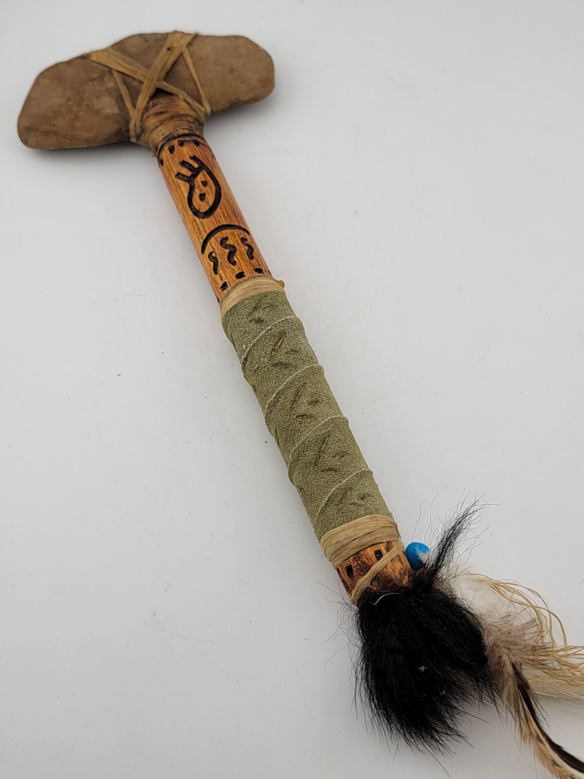 Vtg Custom Native Hand Made Stonehead Tomahawk Axe Hatchet Leather Wrap Fringes