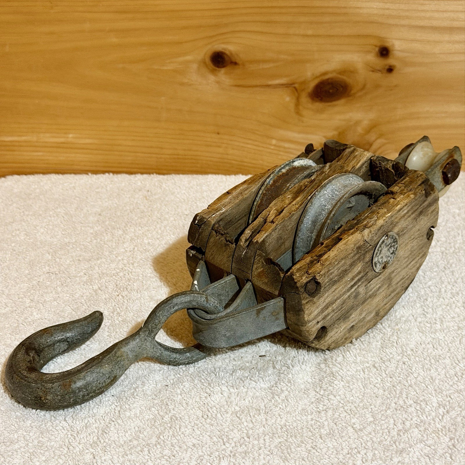 Antique Boston&Lockport Co Double Block & Tackle Wood&Iron Hook Pulley Wheel Vtg