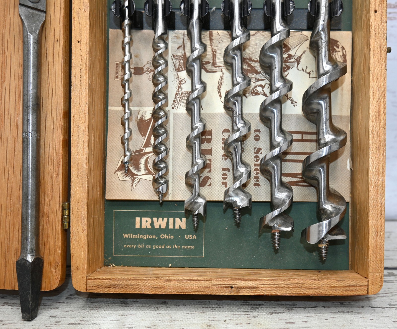 Vtg Irwin Auger Bit Mix Set Wooden Case Wilmington Ohio USA Hand Tool +extra