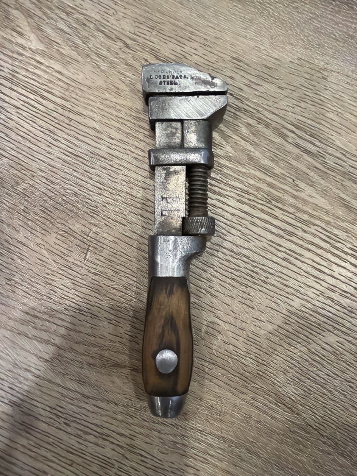 Vintage Steel Coes Adjustable Monkey Wrench Tool with Wood Handle