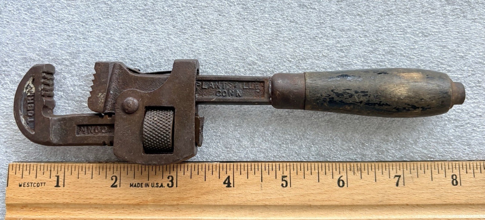 Antique Tobrin 8” Wood Handle Adjustable Pipe Wrench USA Hardware Collectible