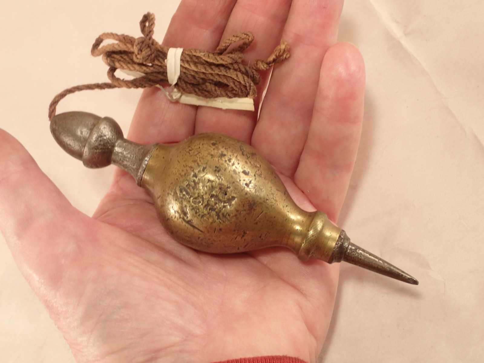 Early Unusual Ornate Iron & Brass Plumb Bob Sphere w/ Nicks & Corrosion, 5.5″ L