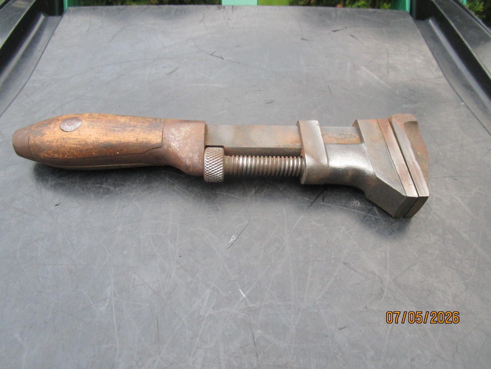 Vintage FULTON Adjustable Pipe Wrench, 10.5 Inches Long. Wood Handle