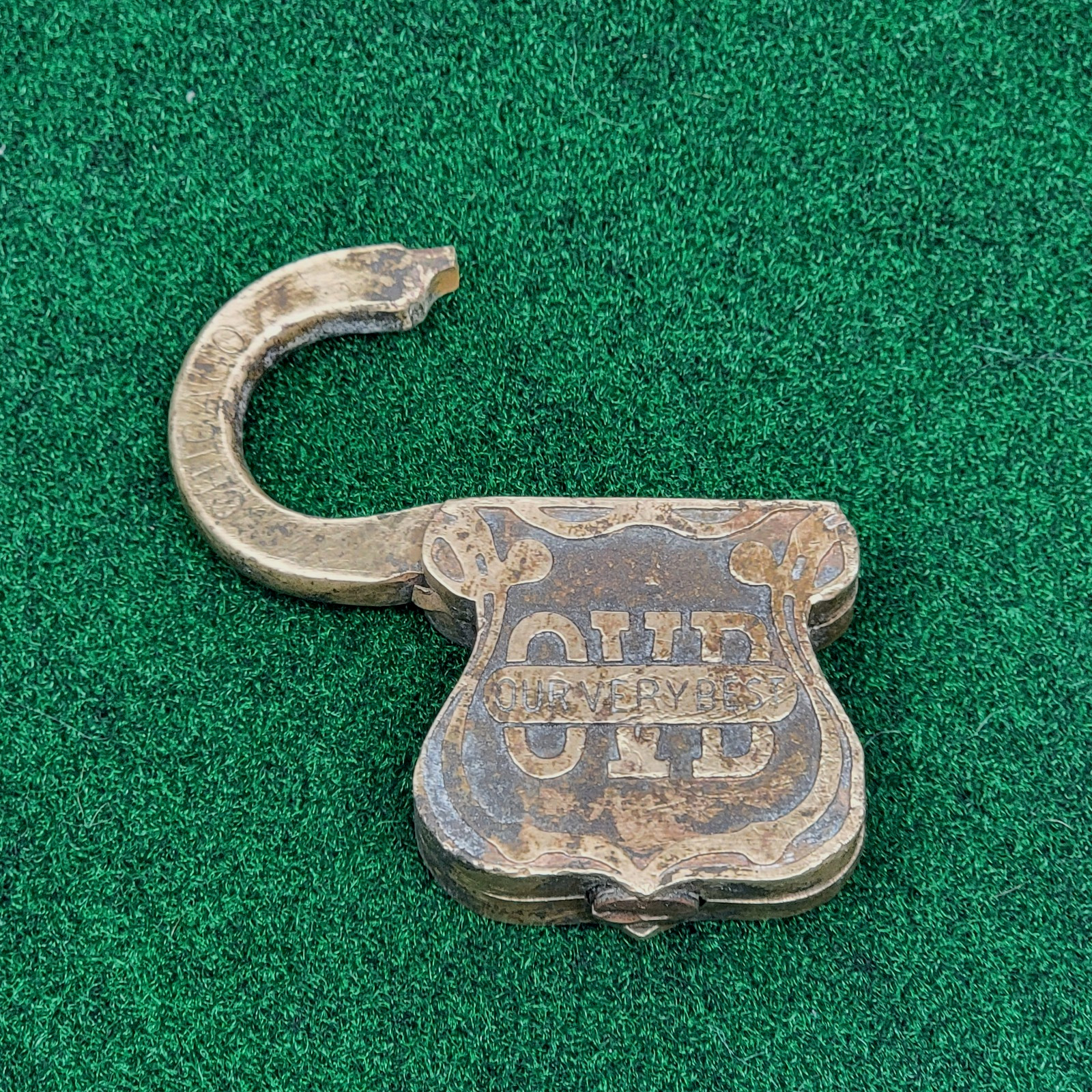 Antique Vtg 1909 Brass Padlock Lock OVB Our Very Best HSB Co Chicago Broken
