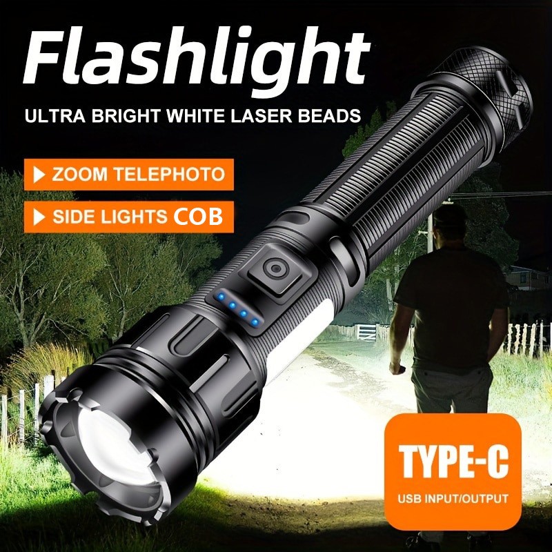 High Intensity Zoom Flashlight Type C USB Rechargeable COB Magnetic