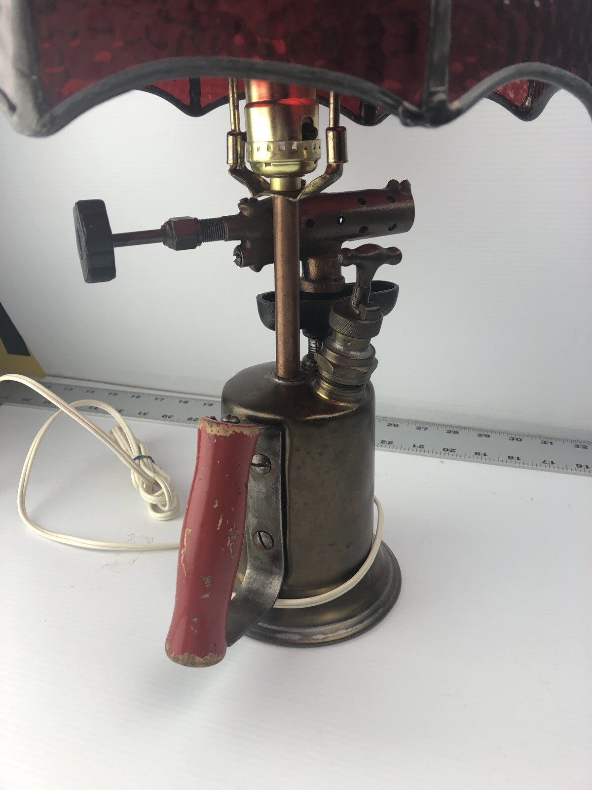 Vintage Clayton & Lambert Brass Blow Torch Lamp Ruby Red Stain Glass Shade