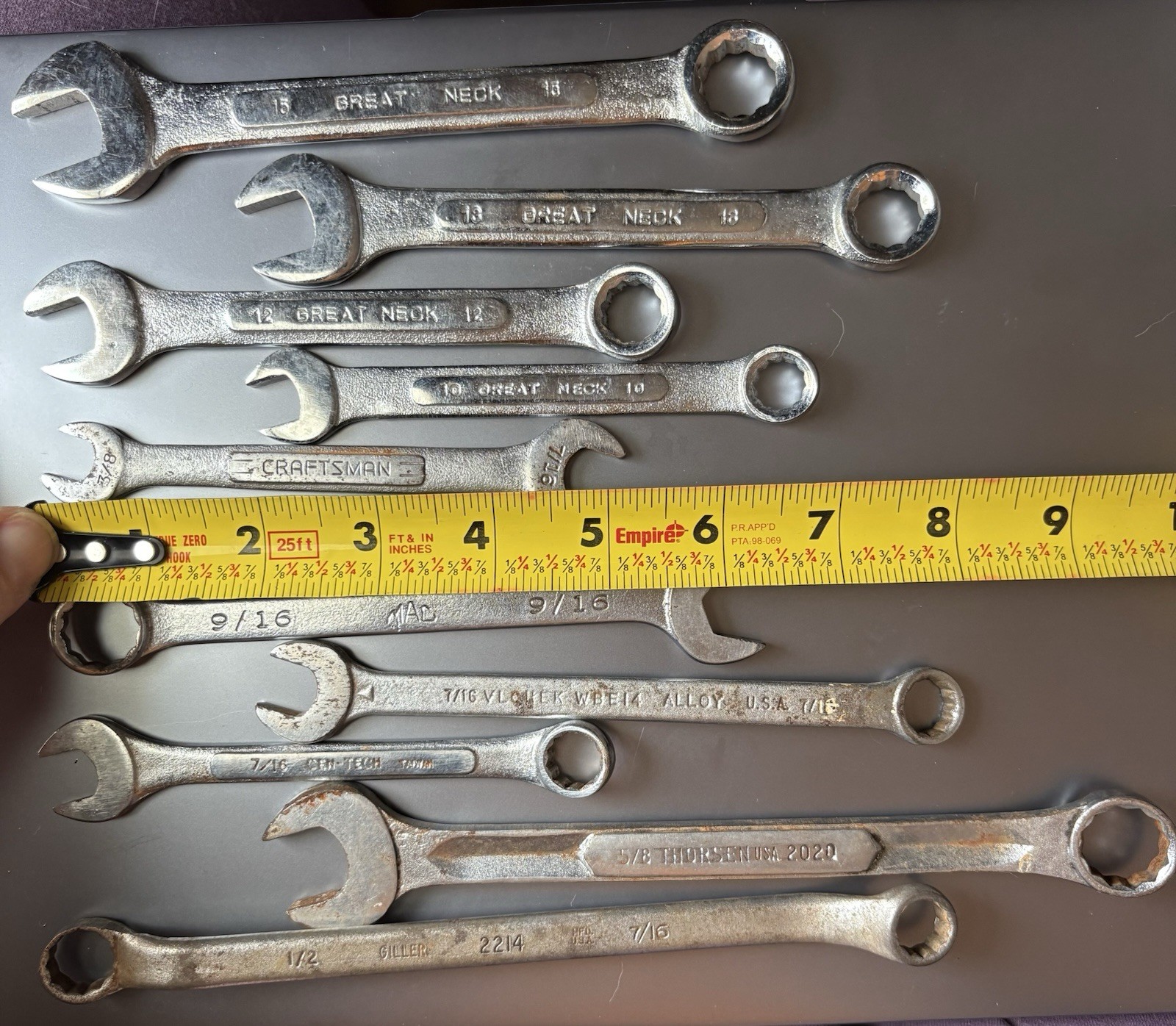 Lot of 10 Mixed Wrenches, Various Brands & Sizes: Craftsman, Thorsen, Great Neck