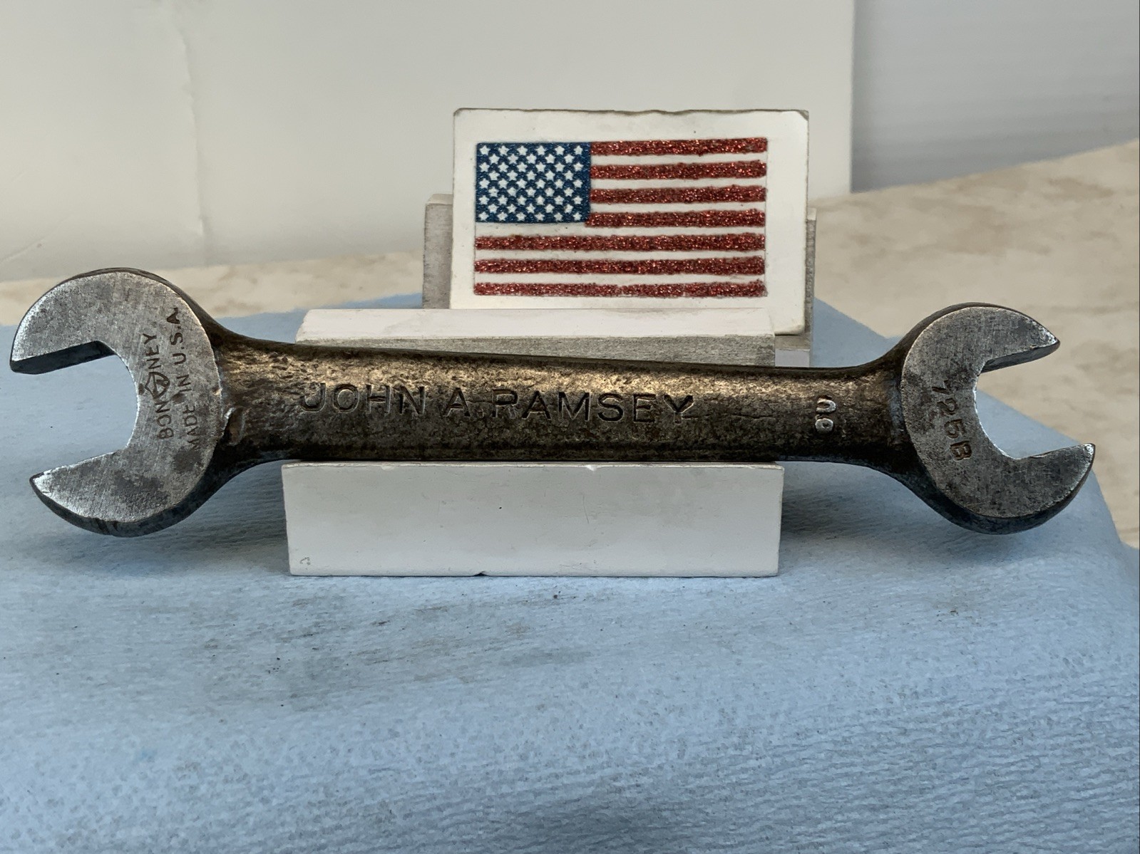BONNEY 725B – Forged JOHN A. RAMSEY 1/2×9/16 Open End Wrench -engraved- USA