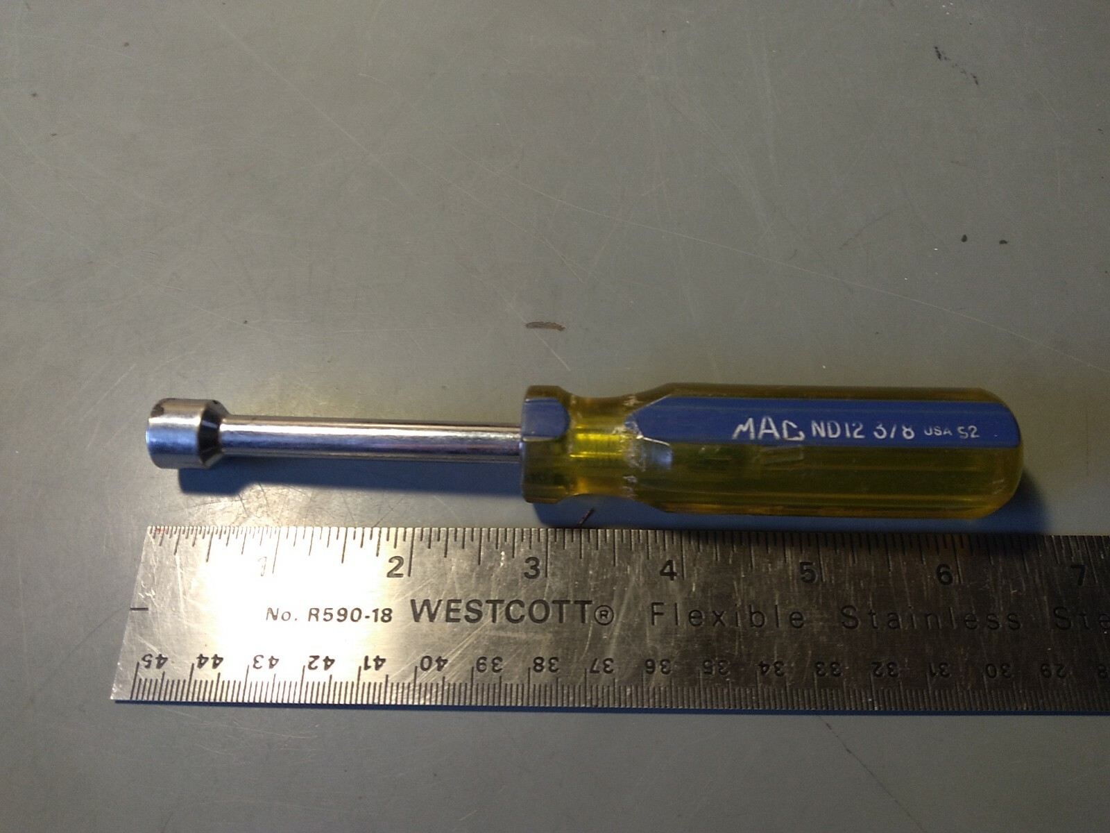 MAC TOOLS 3/8 NUTDRIVER ND12 USA HIGH POLISH CHROME BLUE/YELLOW HANDLE
