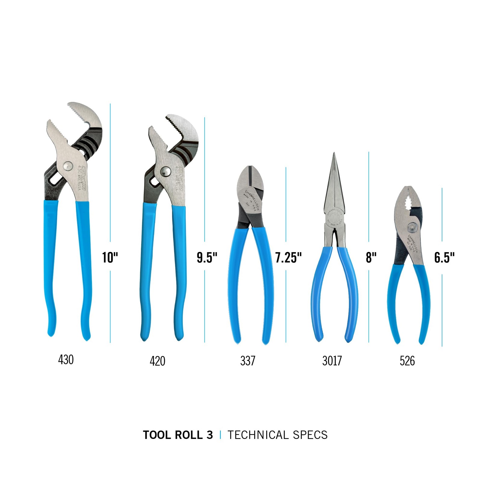 CHANNELLOCK TOOL ROLL-3 5pc Professional Pliers Set with Tool Roll, S, Blue
