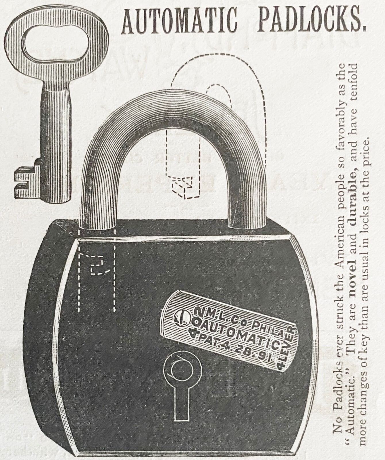 Miller Lock Co AUTOMATIC PADLOCKS Hardware Price List 1893 Print Ad~Philadelphia