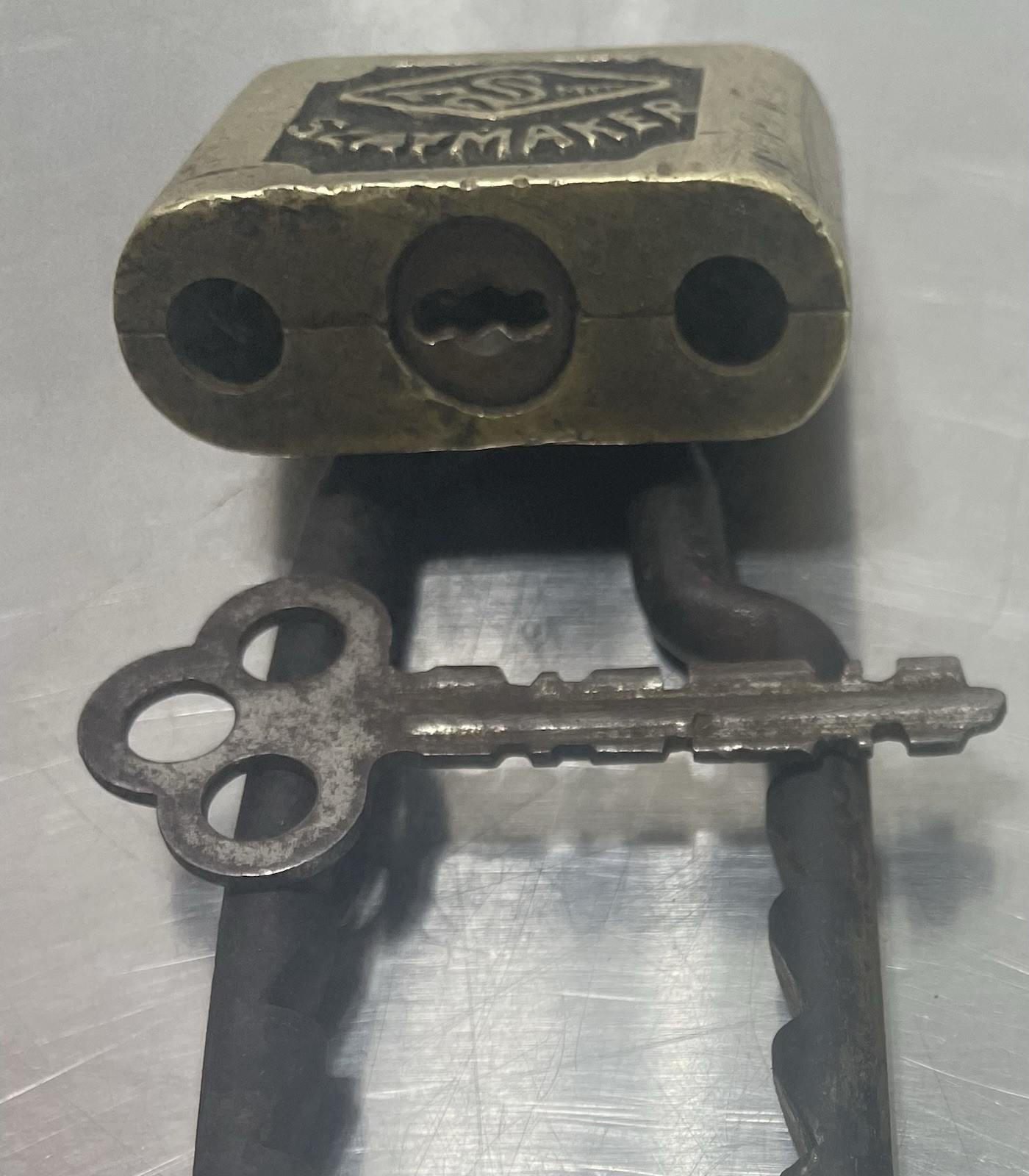 Antique 1900s Slaymaker Brass Removable Bent Shackle Lock w/ Key
