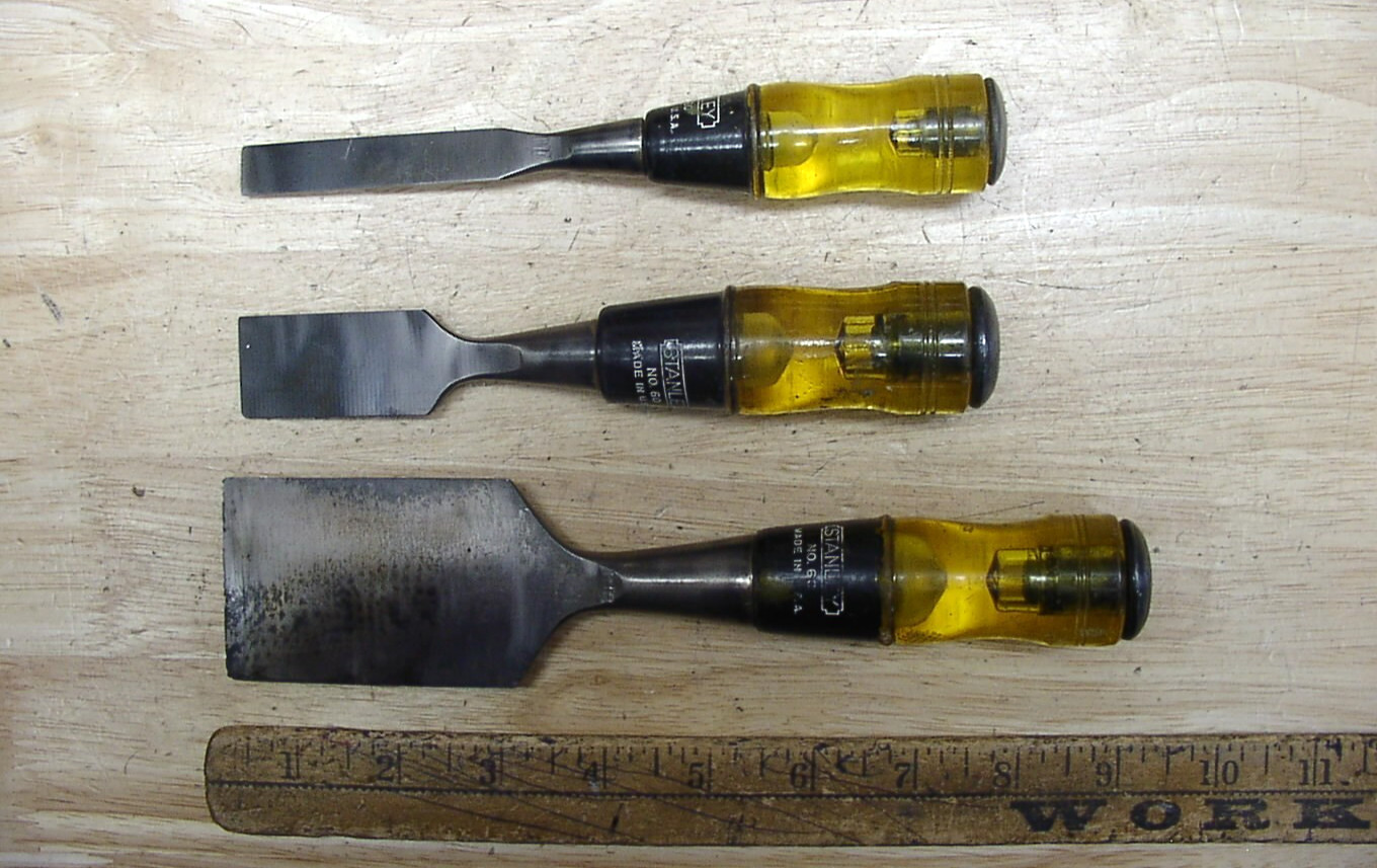 3 Stanley No. 60 Bevel Edge Tang Chisels,2″ X 8-3/4″,1″ X 7-3/16 & 1/2″ X 7-1/4″