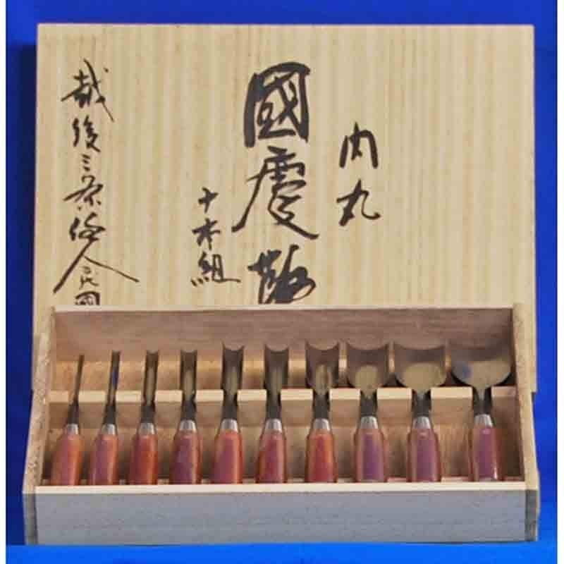 3rd Kunikei Japanese Gouge Chisels – Rare Uchimaru Nomi Set of 10 Red Oak Handle