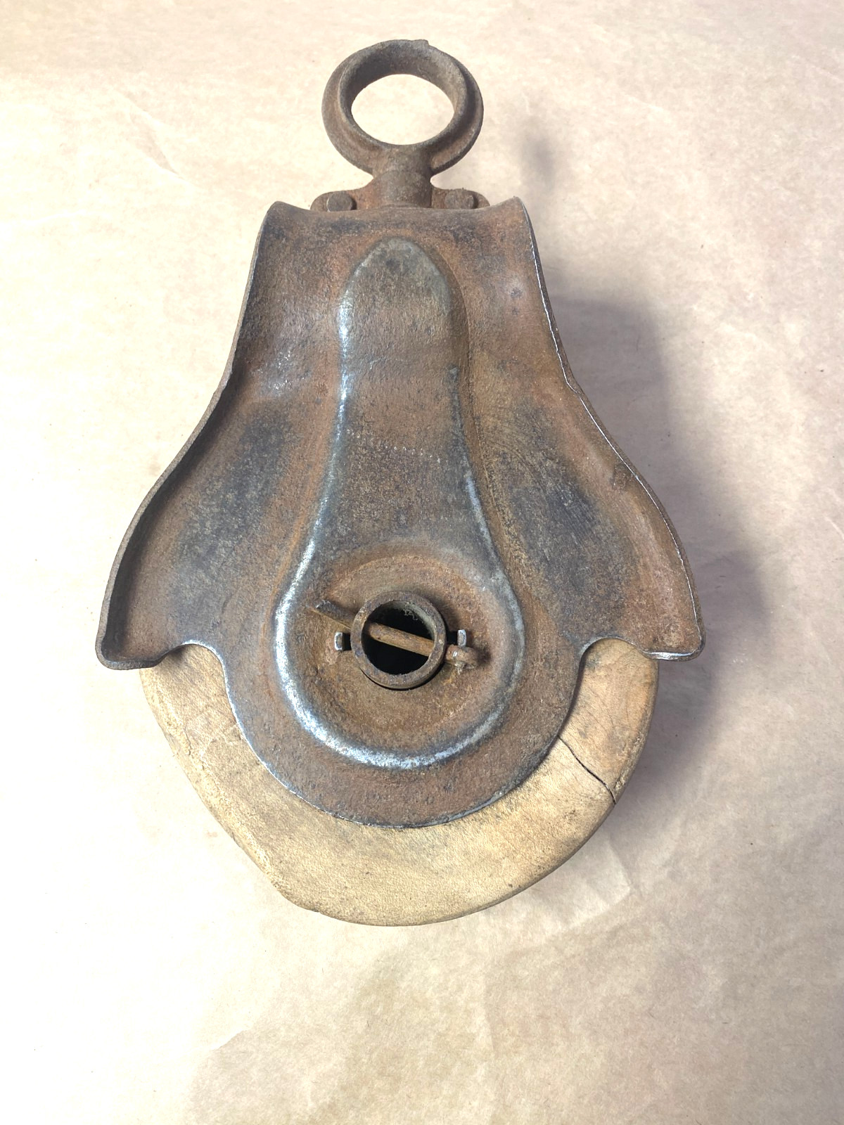 Vintage Antique Steel Pulley With a 6 Inch Wooden Wheel