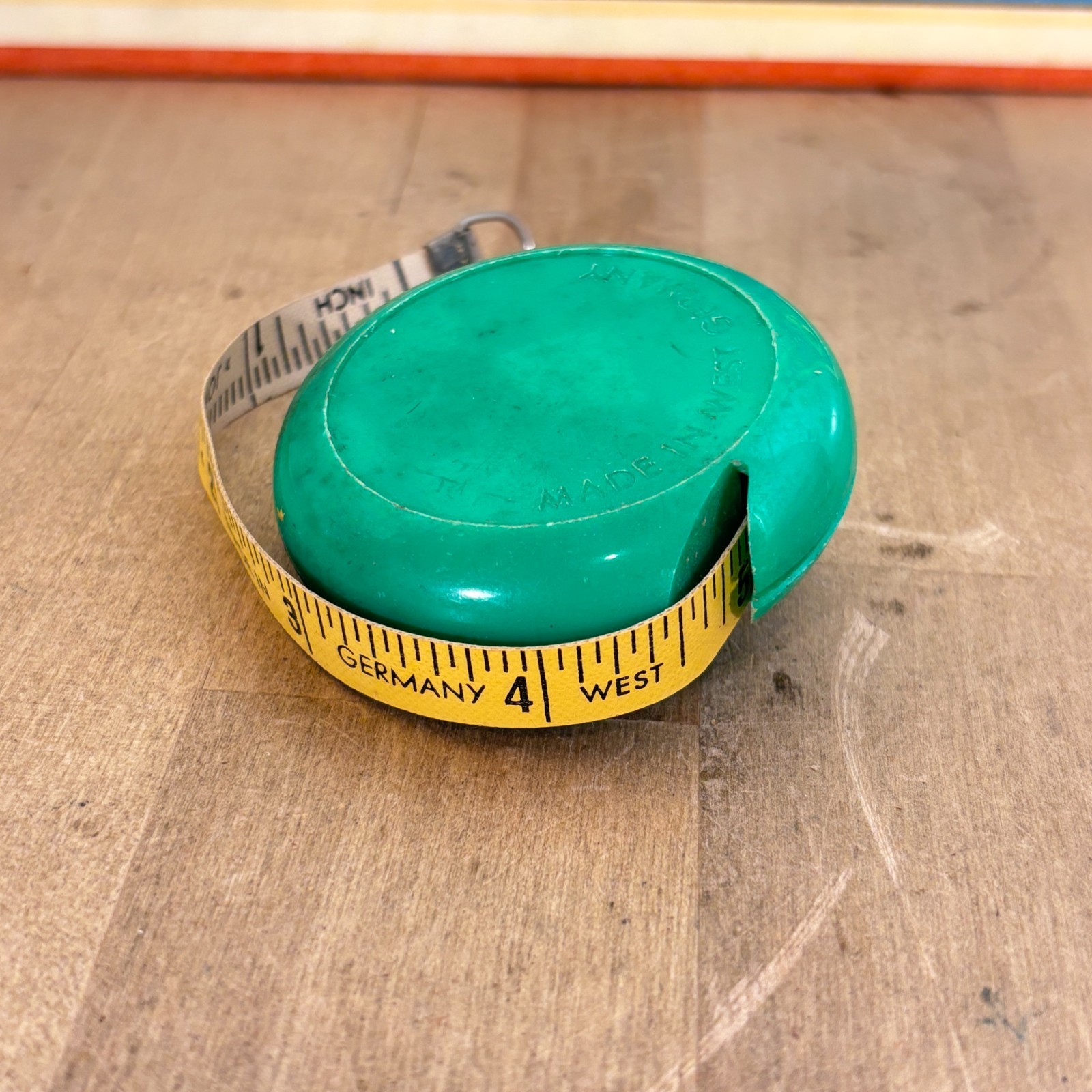 Vintage Johi Tape Measure, Made In West Germany Green Plastic Metal Button Works