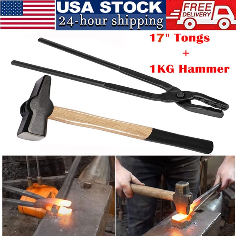 Knife Making Tong+Hammer Set Blacksmith Bladesmith 17″ Wolf Jaw Vise Forge Tool