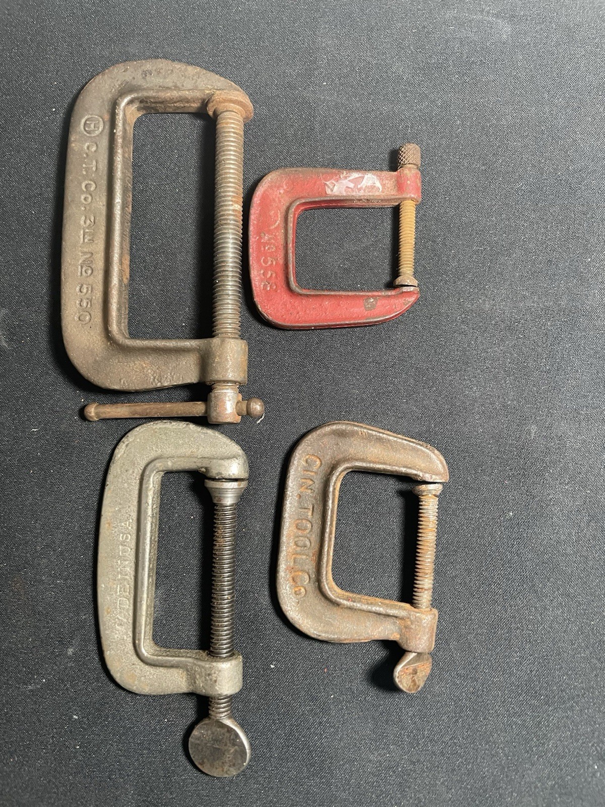 Lot of 4 Vintage C-Clamps, Made in USA, 1” 1 1/2” 2” 3” C.t. Co.Cotton Cinn Tool