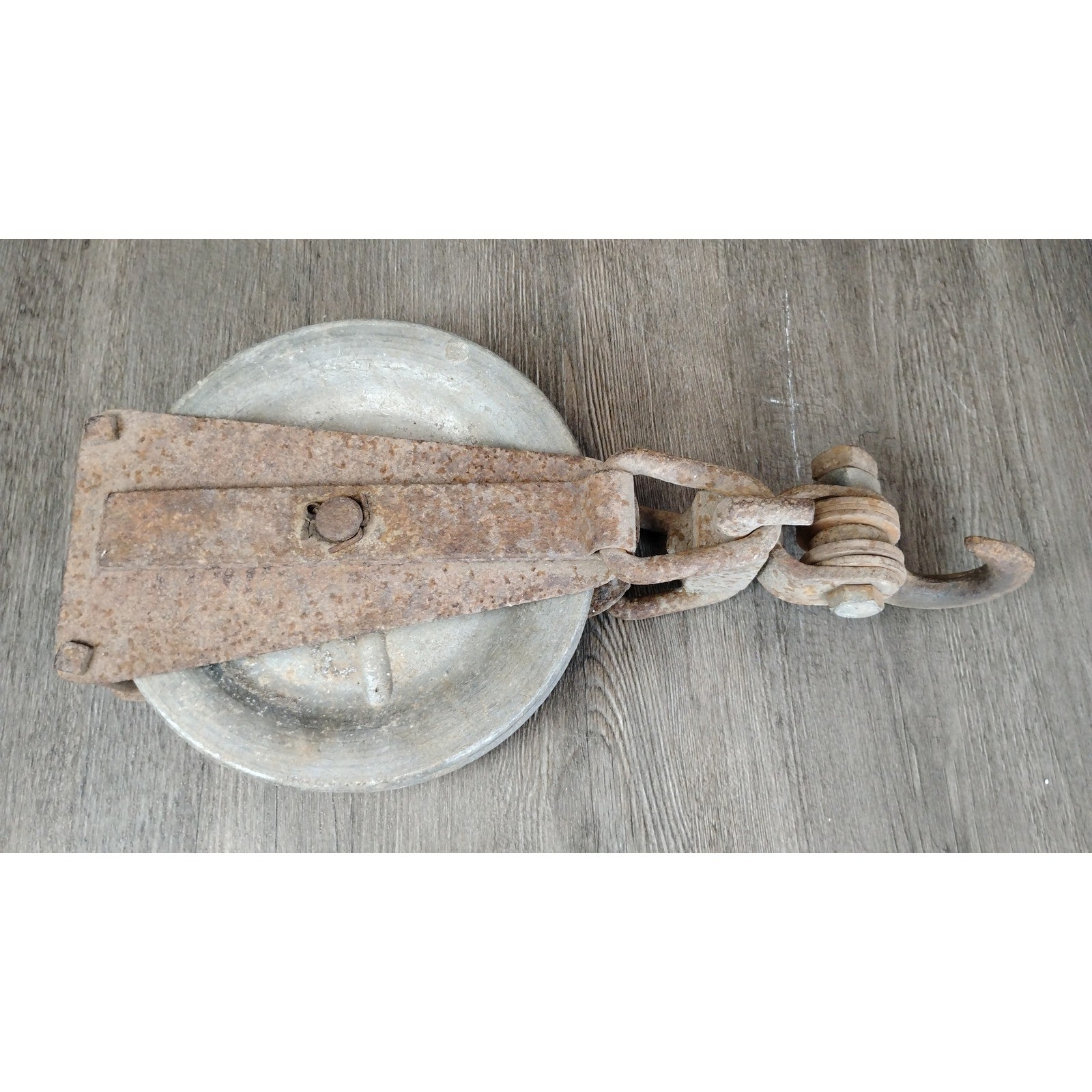 Vintage Industrial Snatch Block Pulley Cast Iron Steel Hook Steampunk Decor 17in